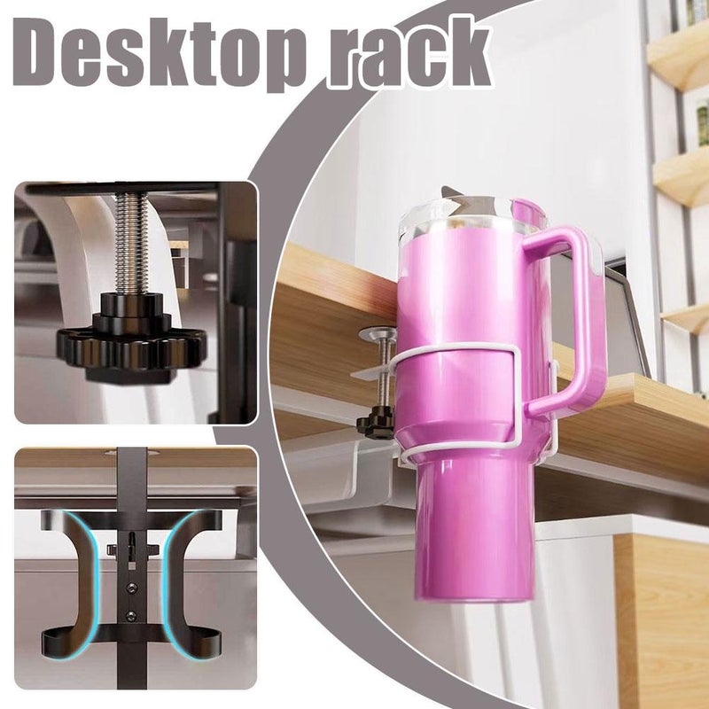 Desk Cup Holder With Headphone Hanger - Heavy Duty Metal Adjustable Rotating Anti-spill Table Cup Holder for Water Bottles,coffee Mug, Workstations & Gaming Desk Accessories (Upgraded white) - Image 2
